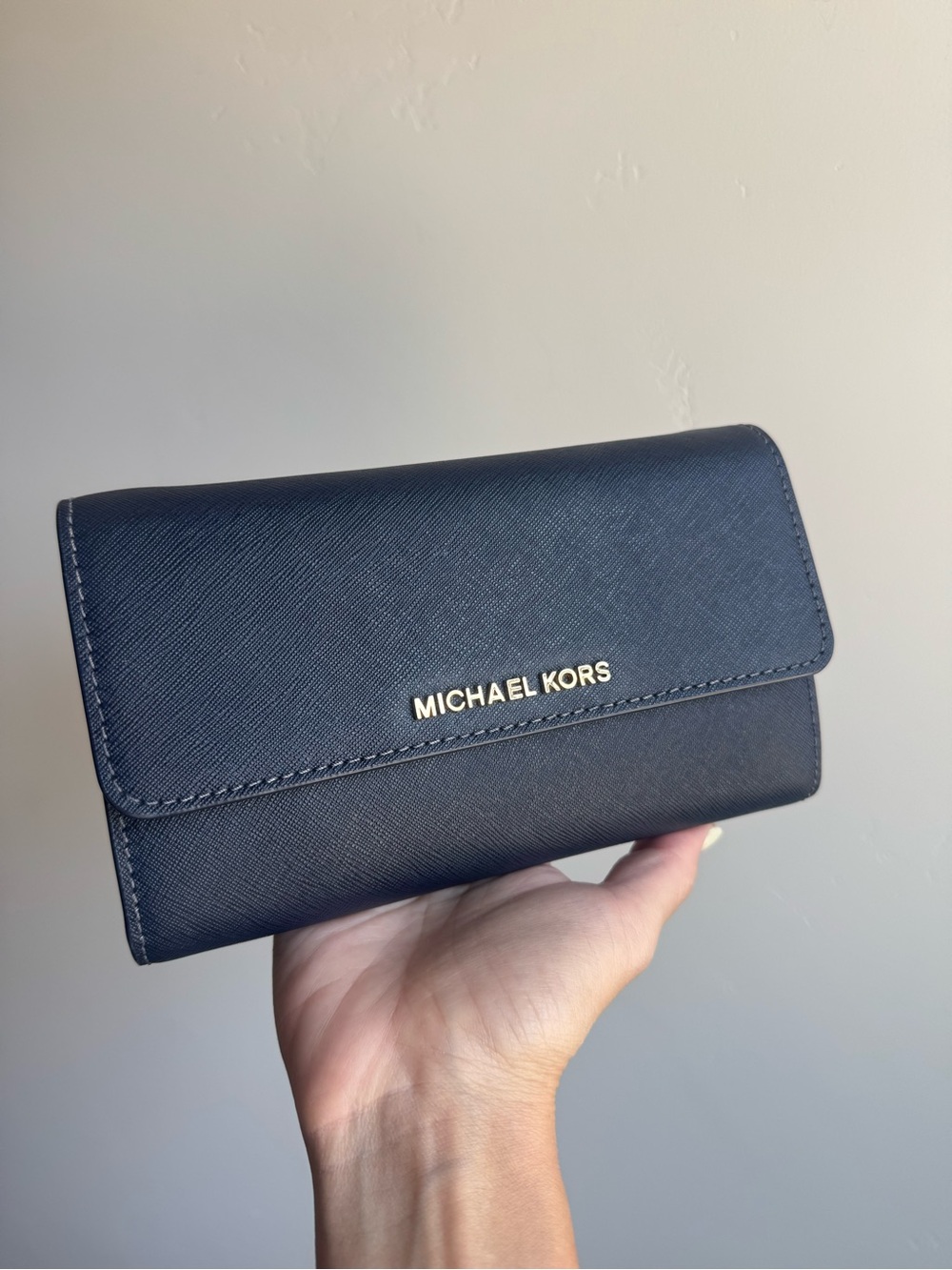 Michael Kors Navy Saffiano Leather Wallet with Gold Hardware and Crossbody Strap